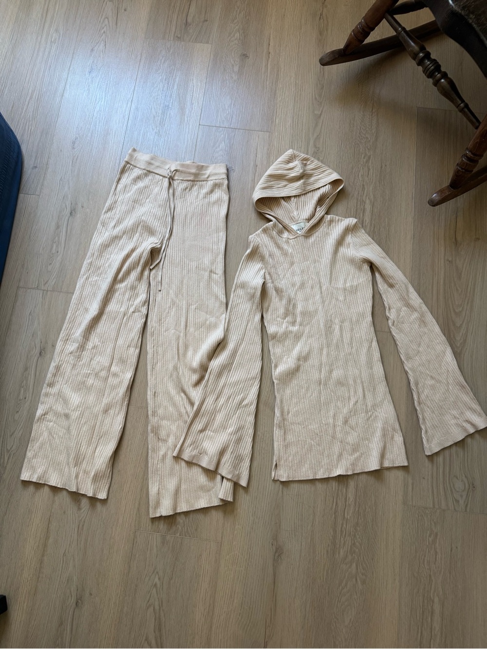 Ribbed Hooded Lounge Top and Wide-Leg Pants Set - Beige